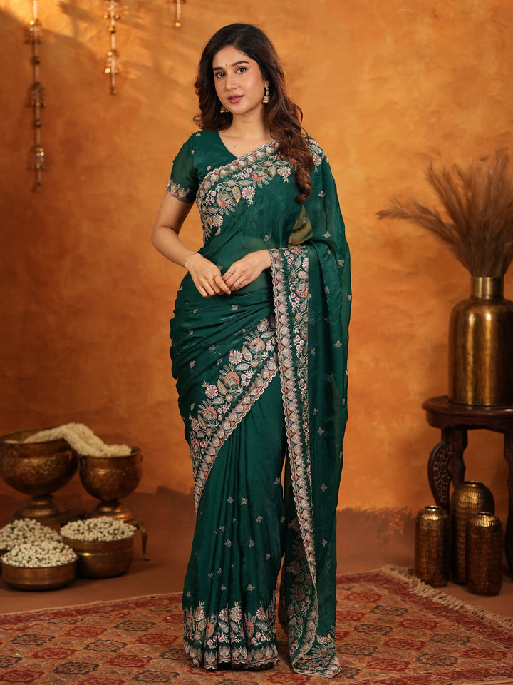 Emerald Green Fendy Satin Embroidered Saree with Heavy Floral Border & Tassels | Designer Saree with Rich Embroidered Blouse