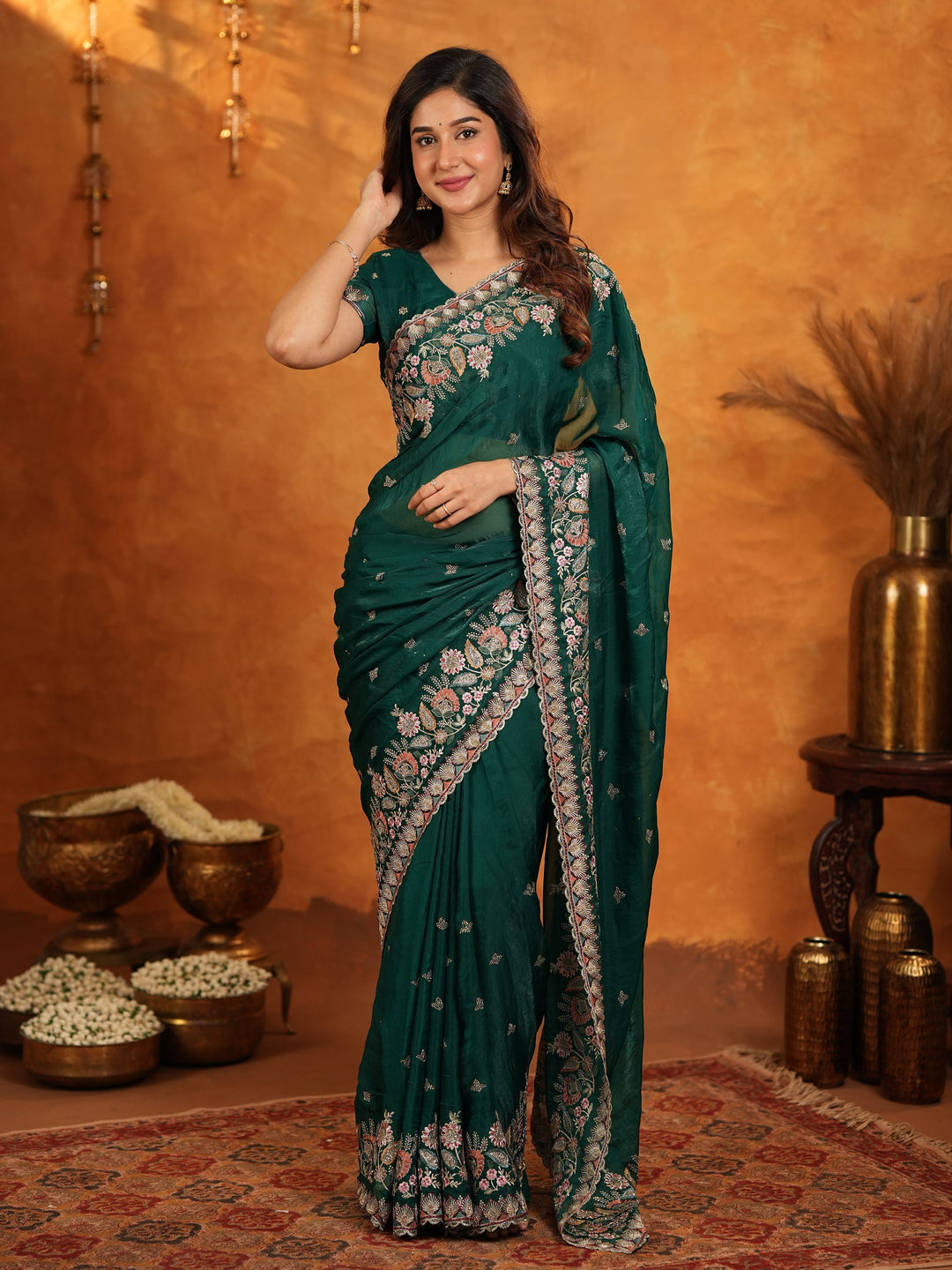 Emerald Green Fendy Satin Embroidered Saree with Heavy Floral Border & Tassels | Designer Saree with Rich Embroidered Blouse
