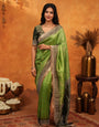 Elegant Parrot Green Banarasi Silk Saree with Rich Zari Border & Contrast Blouse | Designer Wedding & Festive Wear Saree