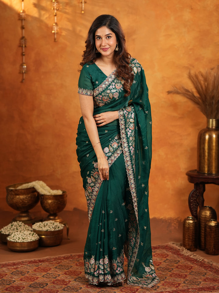 Emerald Green Fendy Satin Embroidered Saree with Heavy Floral Border & Tassels | Designer Saree with Rich Embroidered Blouse
