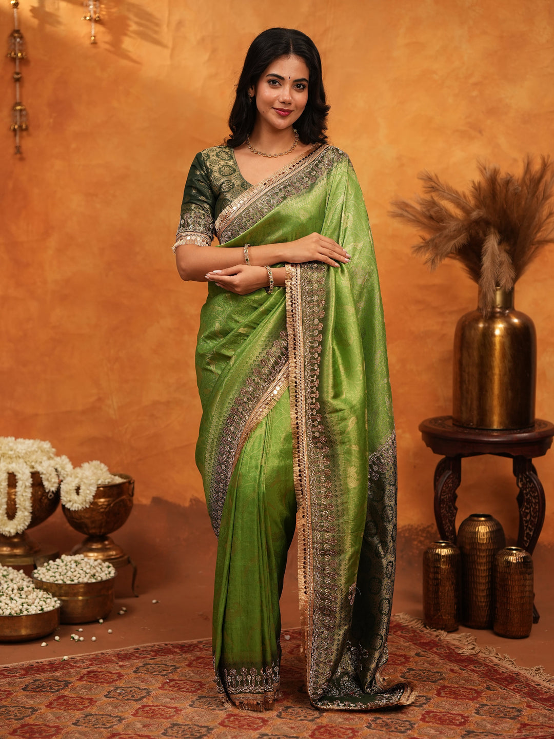 Elegant Parrot Green Banarasi Silk Saree with Rich Zari Border & Contrast Blouse | Designer Wedding & Festive Wear Saree