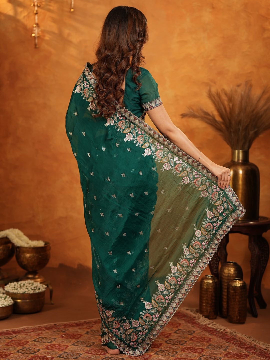 Emerald Green Fendy Satin Embroidered Saree with Heavy Floral Border & Tassels | Designer Saree with Rich Embroidered Blouse