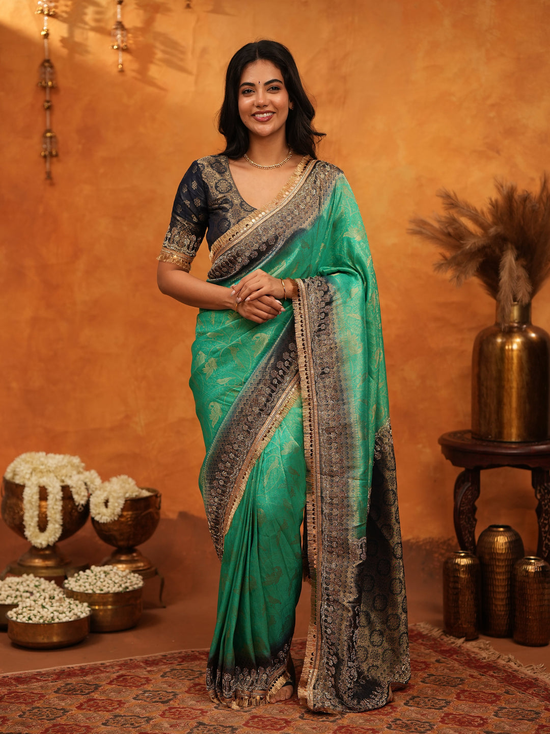 Elegant Teal Green Banarasi Silk Saree with Black Zari Border & Rich Woven Pallu | Designer Festive & Wedding Wear Saree