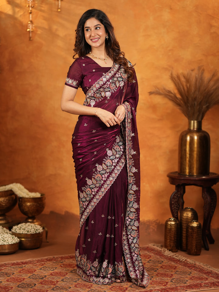 Deep Wine Purple Fendy Satin Embroidered Saree with Heavy Floral Border & Tassels | Designer Saree with Rich Embroidered Blouse