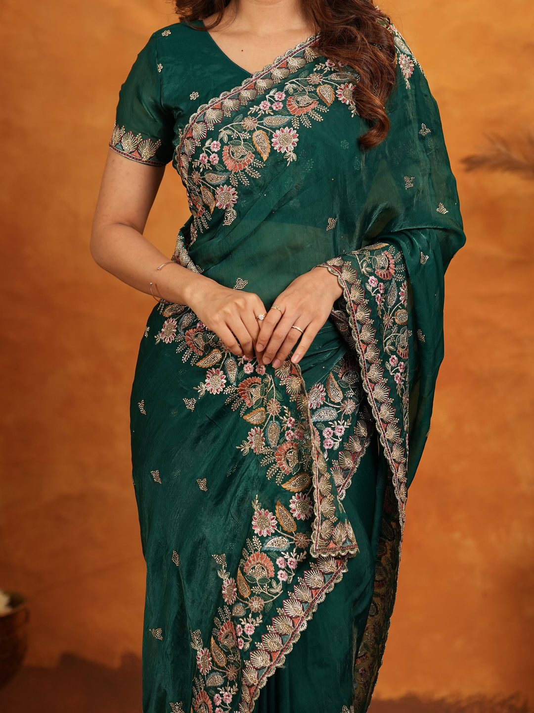 Emerald Green Fendy Satin Embroidered Saree with Heavy Floral Border & Tassels | Designer Saree with Rich Embroidered Blouse