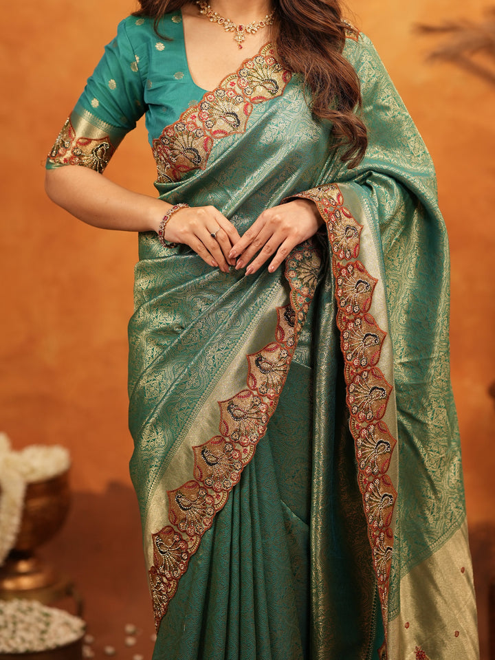 Teal Green Banarasi Silk Embroidered Saree with Royal Paisley Border & Zari Weaving | Heavy Embroidered Blouse with Tassels | Wedding & Festive Wear Saree