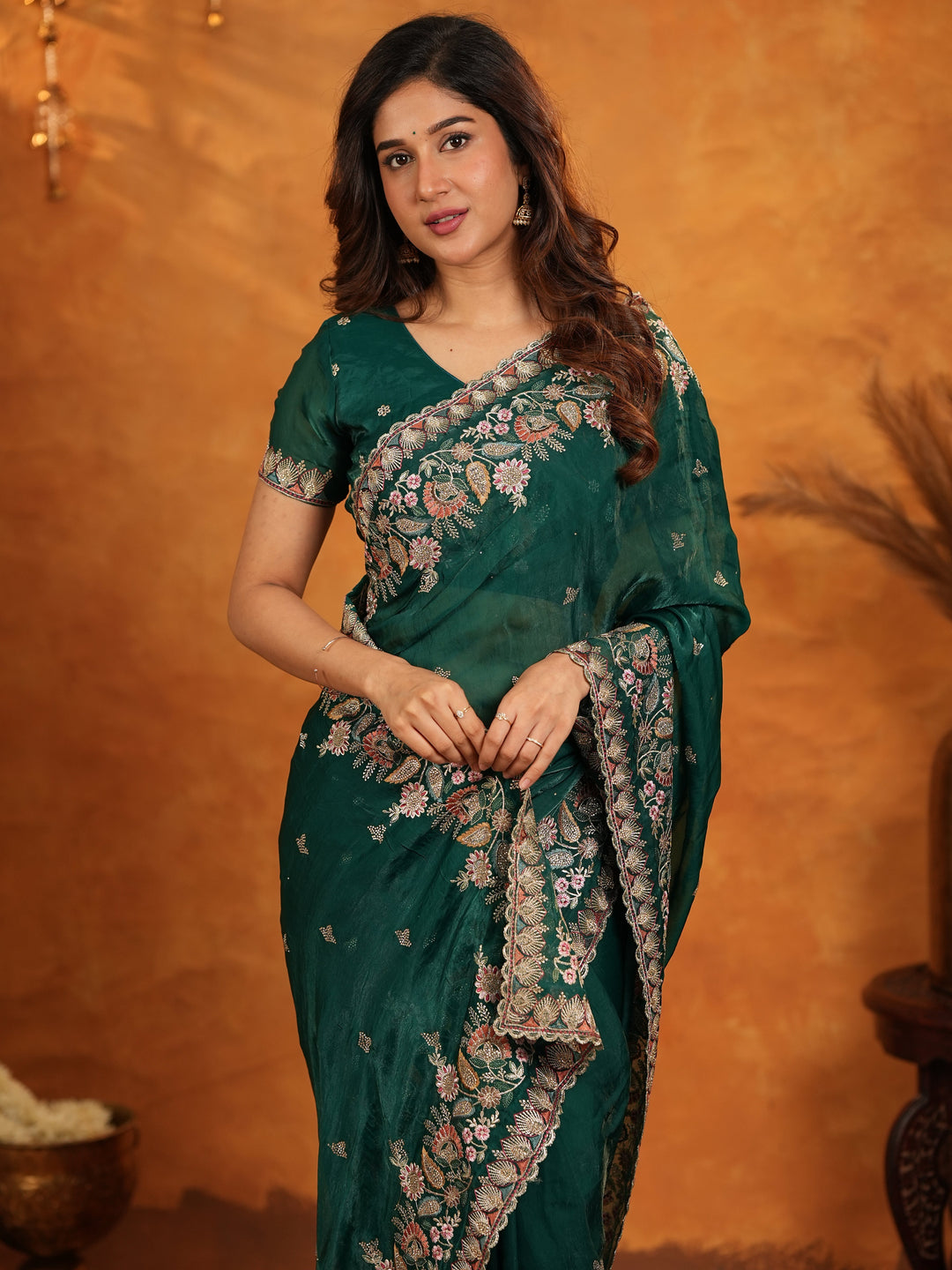 Emerald Green Fendy Satin Embroidered Saree with Heavy Floral Border & Tassels | Designer Saree with Rich Embroidered Blouse