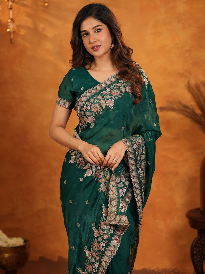 Emerald Green Fendy Satin Embroidered Saree with Heavy Floral Border & Tassels | Designer Saree with Rich Embroidered Blouse