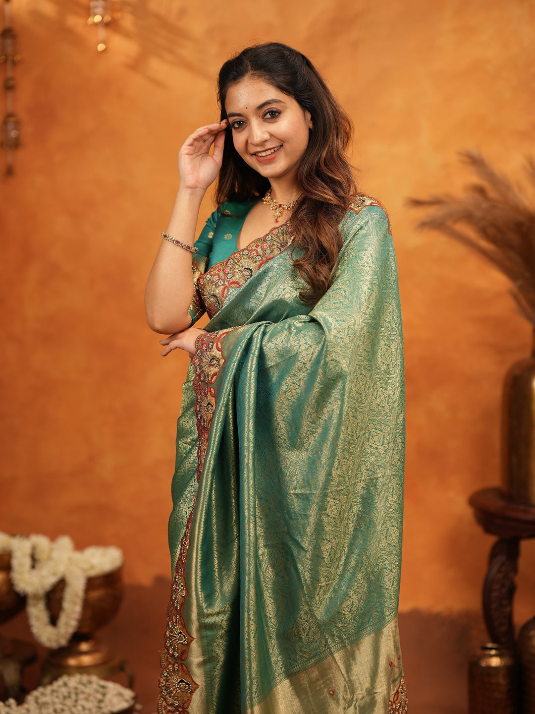 Teal Green Banarasi Silk Embroidered Saree with Royal Paisley Border & Zari Weaving | Heavy Embroidered Blouse with Tassels | Wedding & Festive Wear Saree