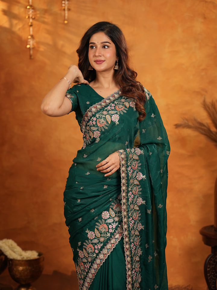 Emerald Green Fendy Satin Embroidered Saree with Heavy Floral Border & Tassels | Designer Saree with Rich Embroidered Blouse