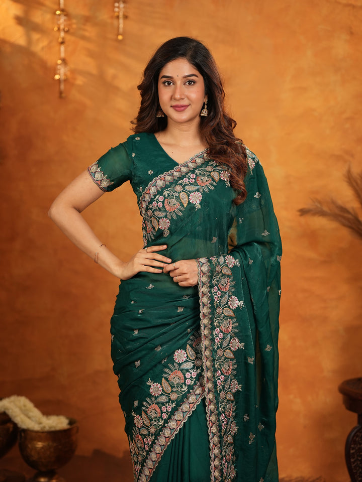 Emerald Green Fendy Satin Embroidered Saree with Heavy Floral Border & Tassels | Designer Saree with Rich Embroidered Blouse