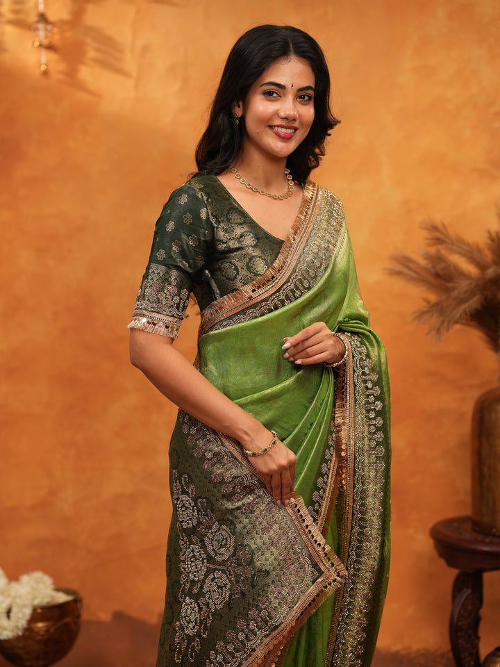 Elegant Parrot Green Banarasi Silk Saree with Rich Zari Border & Contrast Blouse | Designer Wedding & Festive Wear Saree