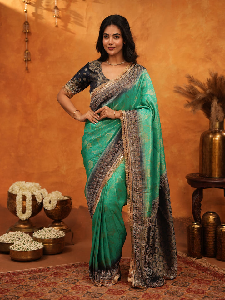 Elegant Teal Green Banarasi Silk Saree with Black Zari Border & Rich Woven Pallu | Designer Festive & Wedding Wear Saree
