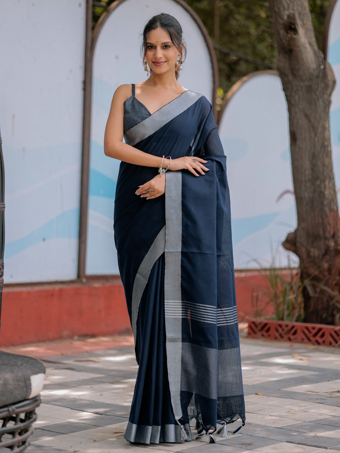 Elegant Midnight Navy Blue Pure Handloom Cotton Saree with Silver Border & Tassel Detailing