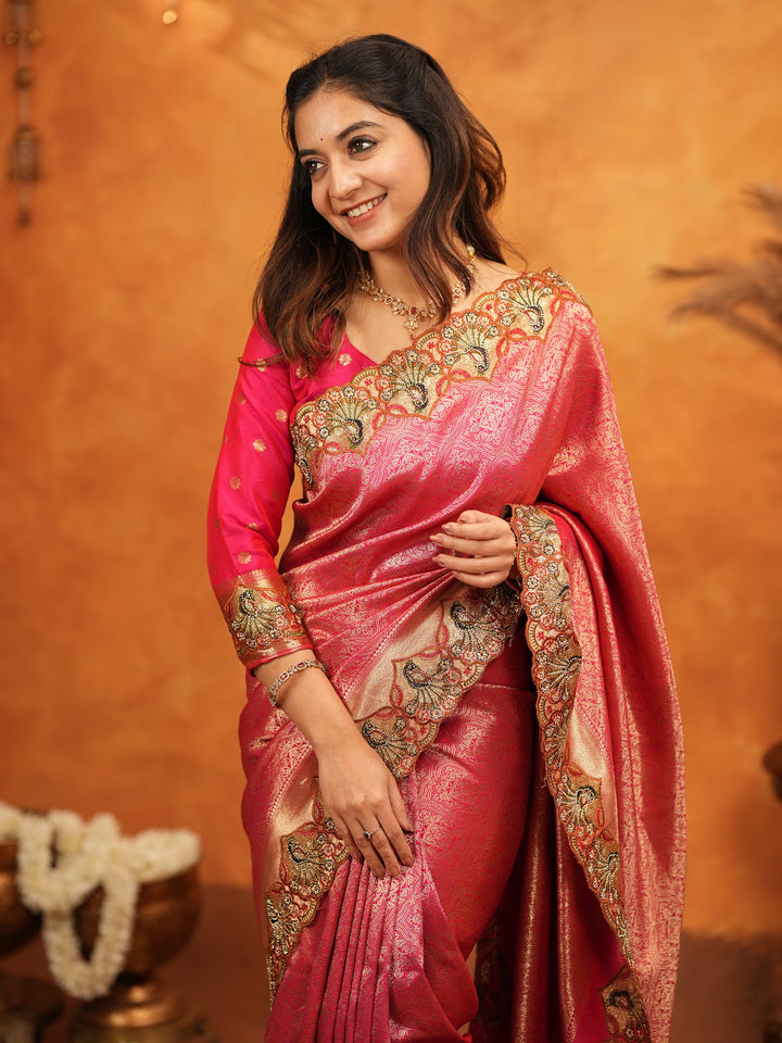 Rani Pink Banarasi Silk Saree with Rich Zari Weaving & Heavy Embroidered Border | Designer Wedding Wear Saree with Embroidered Blouse & Tassels