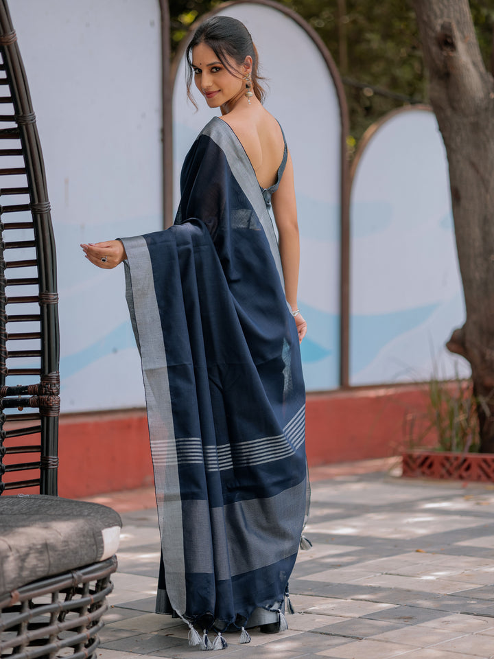 Elegant Midnight Navy Blue Pure Handloom Cotton Saree with Silver Border & Tassel Detailing