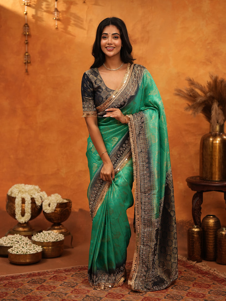 Elegant Teal Green Banarasi Silk Saree with Black Zari Border & Rich Woven Pallu | Designer Festive & Wedding Wear Saree