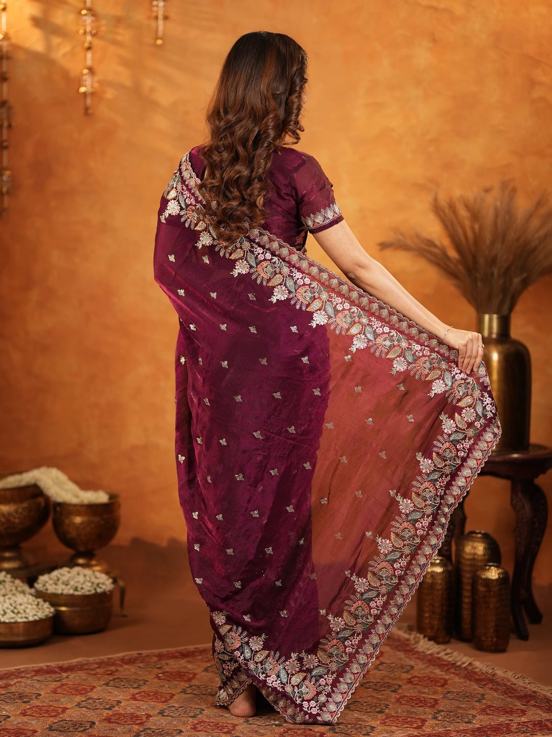 Deep Wine Purple Fendy Satin Embroidered Saree with Heavy Floral Border & Tassels | Designer Saree with Rich Embroidered Blouse