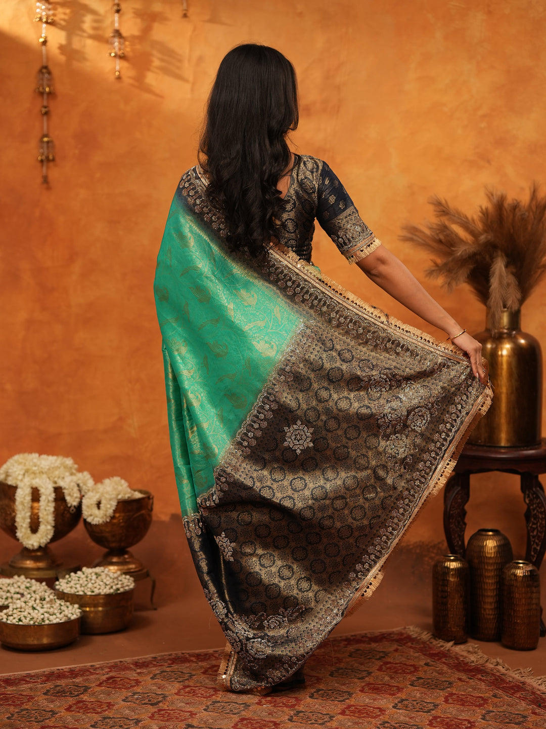 Elegant Teal Green Banarasi Silk Saree with Black Zari Border & Rich Woven Pallu | Designer Festive & Wedding Wear Saree