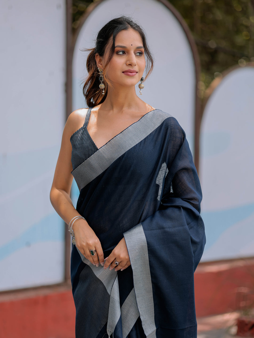 Elegant Midnight Navy Blue Pure Handloom Cotton Saree with Silver Border & Tassel Detailing