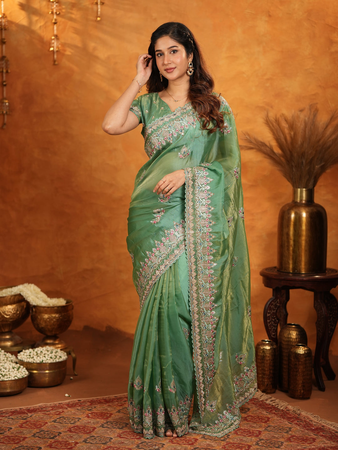 Elegant Mehendi Green Fendy Satin Embroidered Saree with Heavy Floral Border & Designer Pallu | Festive Wear Saree with Embroidered Blouse