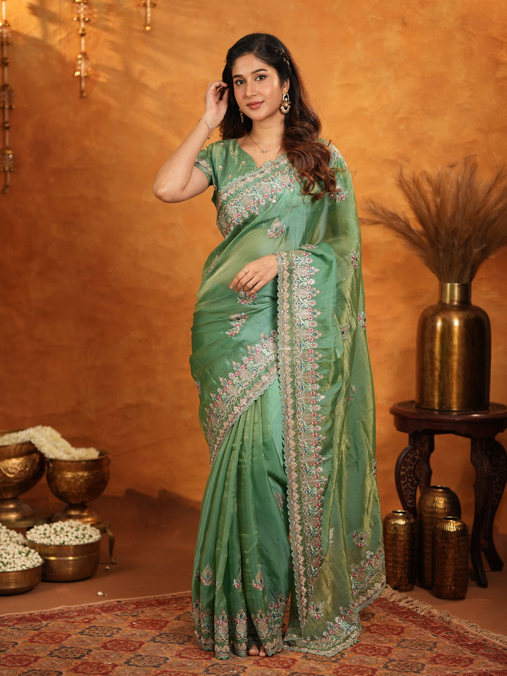 Elegant Mehendi Green Fendy Satin Embroidered Saree with Heavy Floral Border & Designer Pallu | Festive Wear Saree with Embroidered Blouse