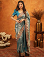 Teal Blue Banarasi Silk Saree with All-Over Zari Weaving & Ornamental Embroidered Border | Designer Wedding & Festive Wear Saree with Blouse