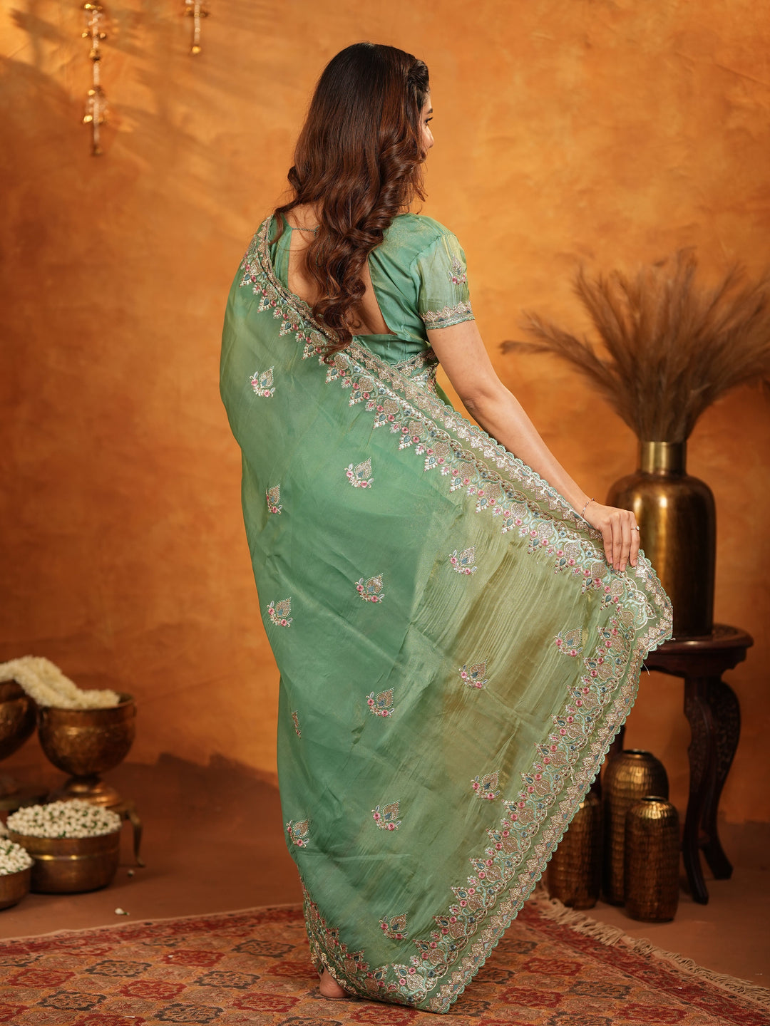 Elegant Mehendi Green Fendy Satin Embroidered Saree with Heavy Floral Border & Designer Pallu | Festive Wear Saree with Embroidered Blouse