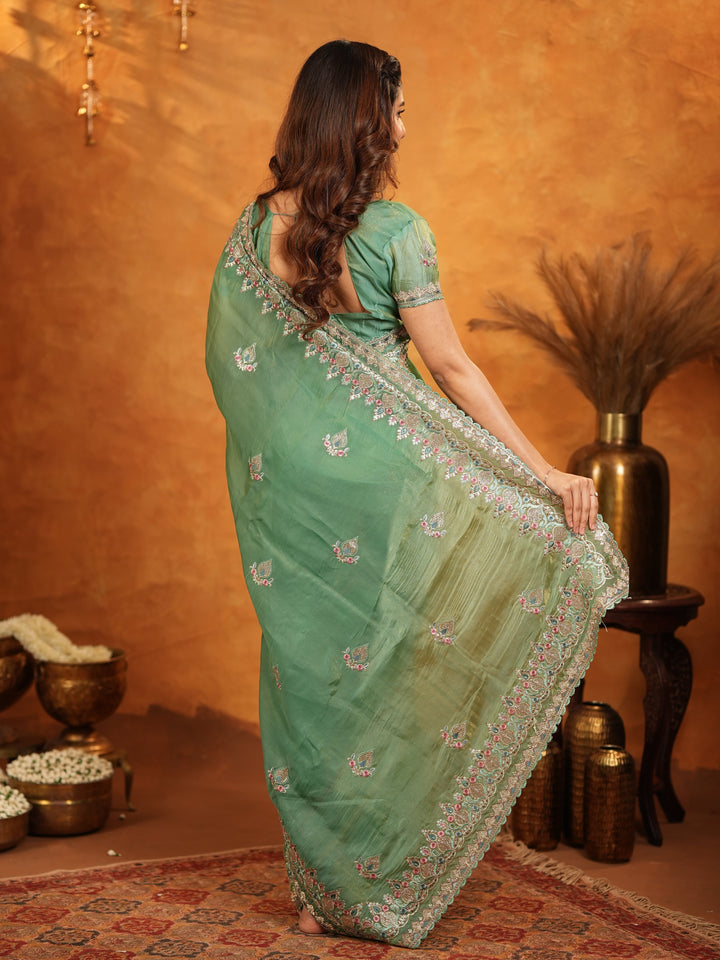 Elegant Mehendi Green Fendy Satin Embroidered Saree with Heavy Floral Border & Designer Pallu | Festive Wear Saree with Embroidered Blouse