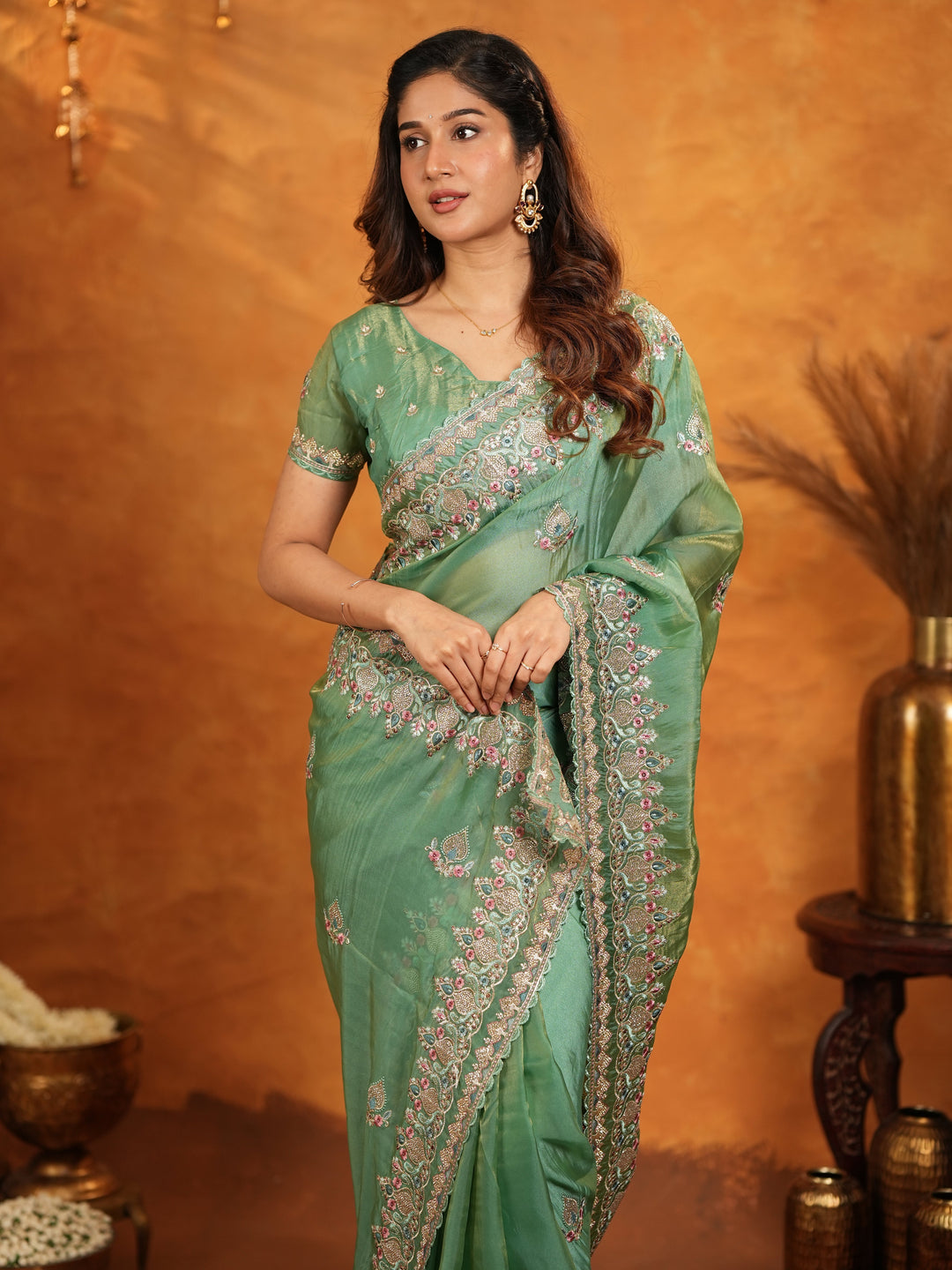 Elegant Mehendi Green Fendy Satin Embroidered Saree with Heavy Floral Border & Designer Pallu | Festive Wear Saree with Embroidered Blouse