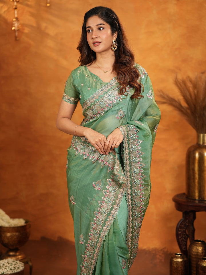 Elegant Mehendi Green Fendy Satin Embroidered Saree with Heavy Floral Border & Designer Pallu | Festive Wear Saree with Embroidered Blouse