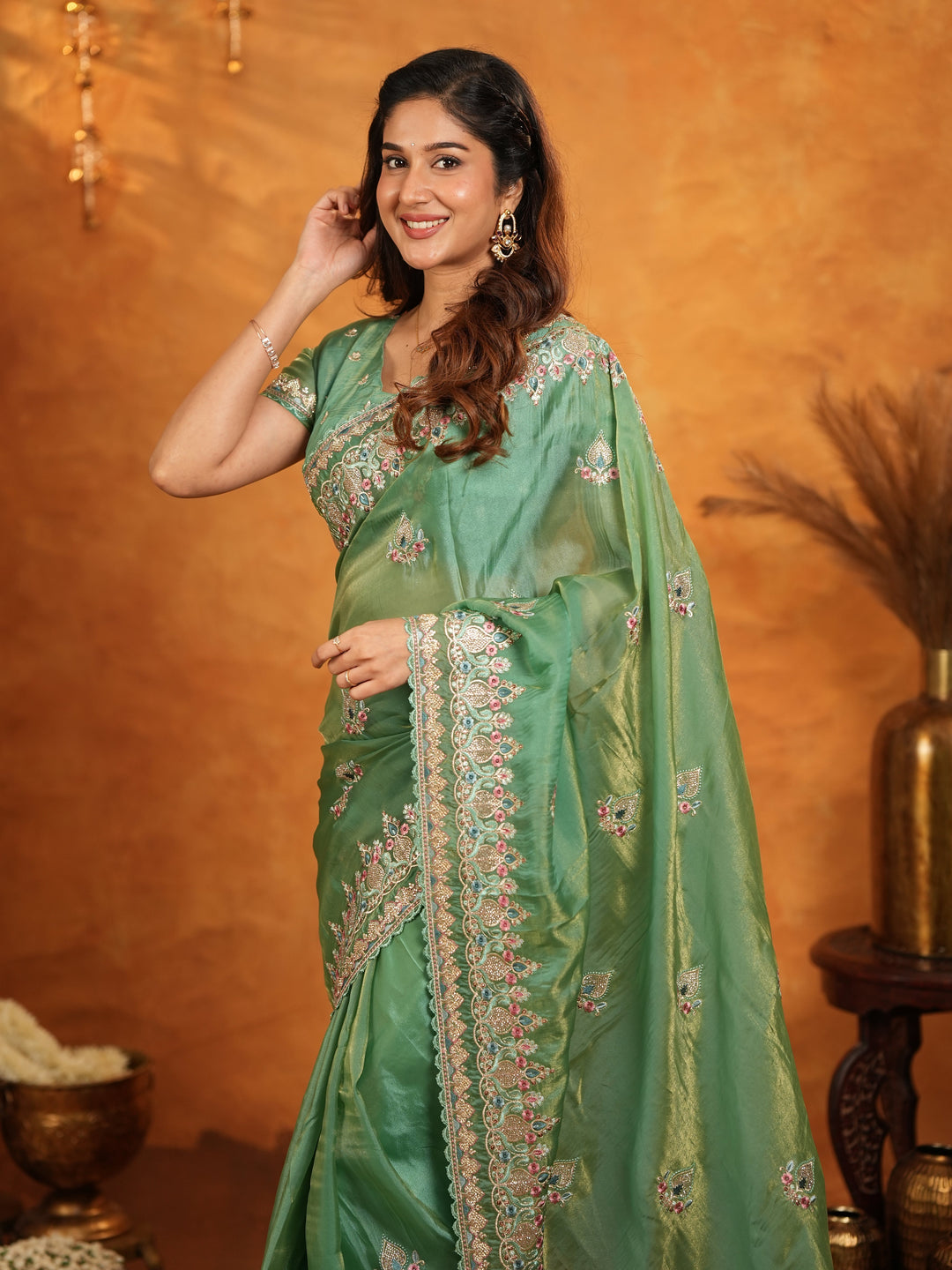 Elegant Mehendi Green Fendy Satin Embroidered Saree with Heavy Floral Border & Designer Pallu | Festive Wear Saree with Embroidered Blouse