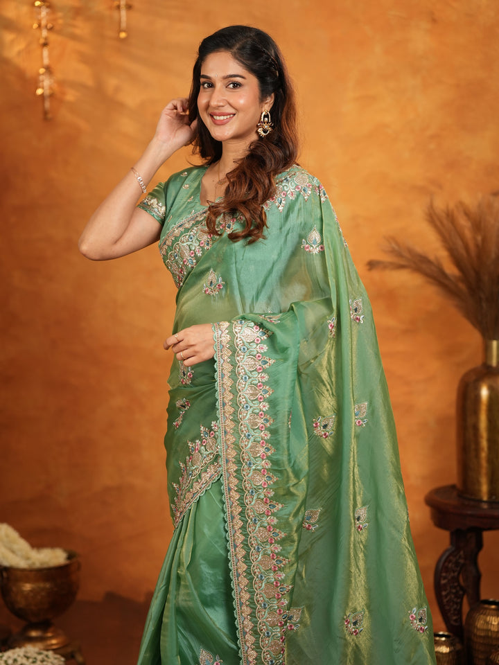 Elegant Mehendi Green Fendy Satin Embroidered Saree with Heavy Floral Border & Designer Pallu | Festive Wear Saree with Embroidered Blouse
