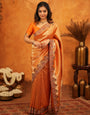 Rust Orange Banarasi Silk Saree with All-Over Zari Weaving & Designer Embroidered Border | Festive Wedding Wear Saree with Blouse & Tassels