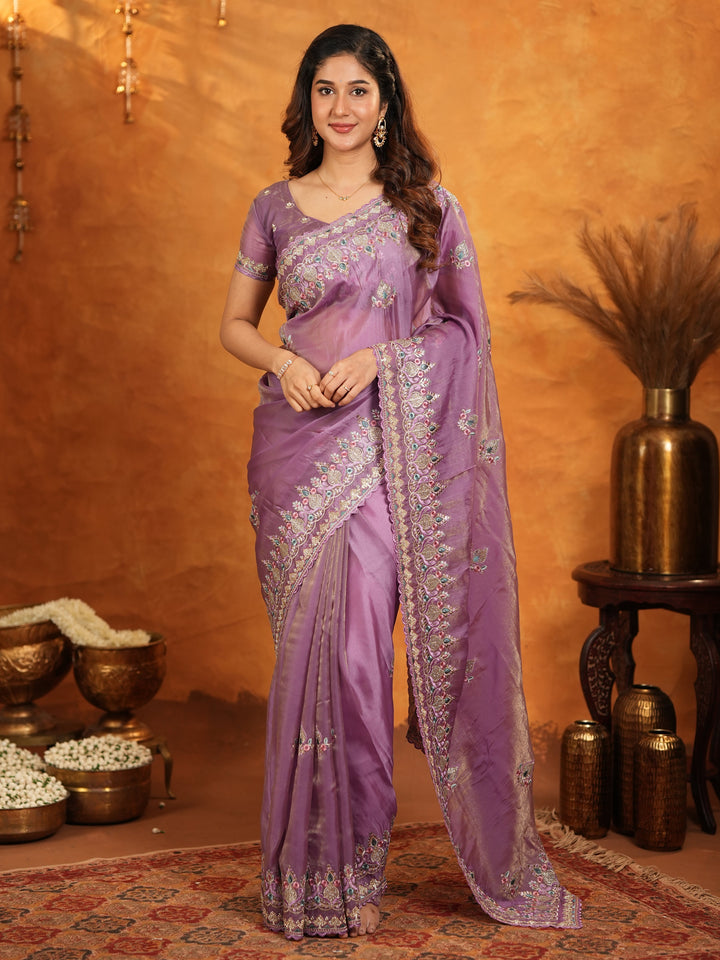 Lavender Purple Fendy Satin Embroidered Saree with Heavy Floral Border & Designer Pallu | Elegant Party Wear Saree with Embroidered Blouse