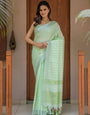 Mint Green Pure Handloom Cotton Saree with Striped Weaving & Tassel Detailing