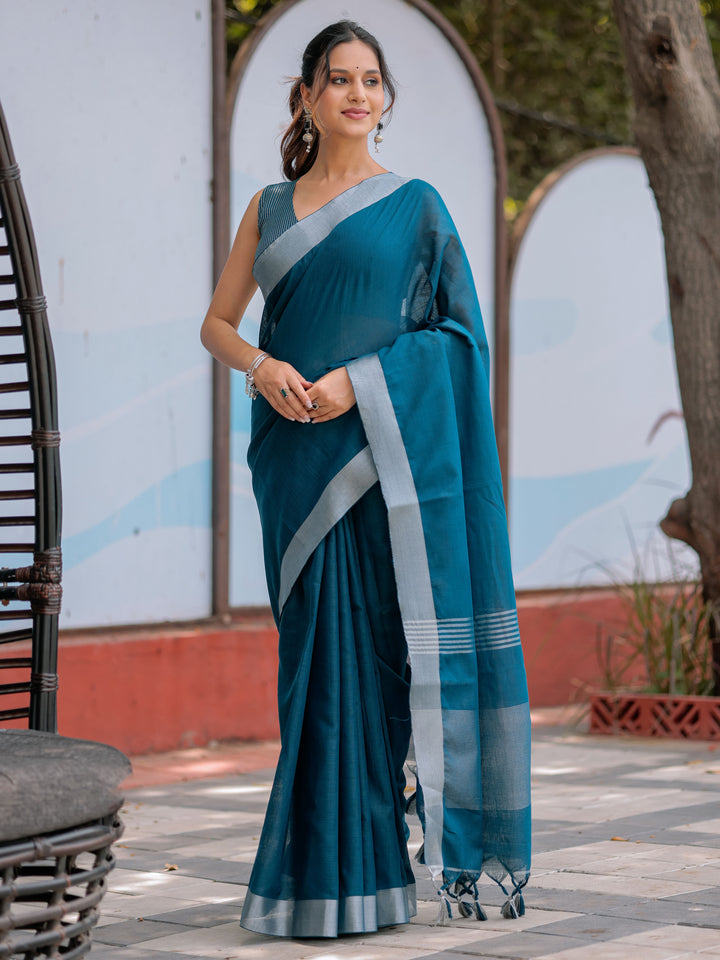 Elegant Teal Blue Pure Handloom Cotton Saree with Silver Border & Tassel Detailing
