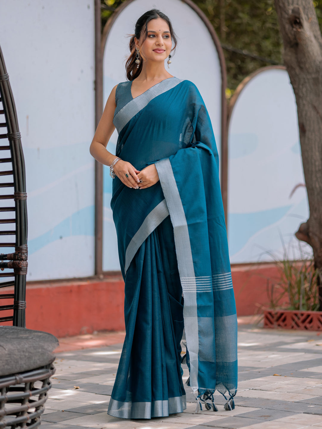 Elegant Teal Blue Pure Handloom Cotton Saree with Silver Border & Tassel Detailing