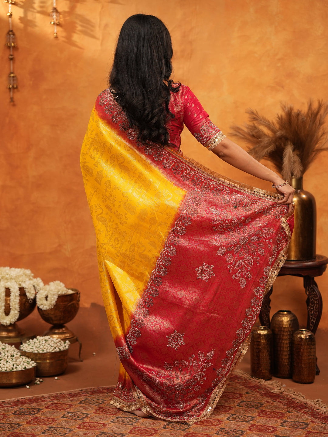 Sunshine Yellow & Red Banarasi Silk Saree with Rich Zari Border & Contrast Pallu | Designer Festive & Wedding Wear Saree