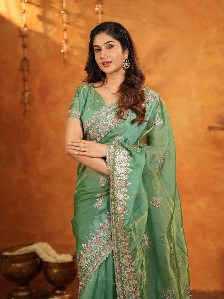 Elegant Mehendi Green Fendy Satin Embroidered Saree with Heavy Floral Border & Designer Pallu | Festive Wear Saree with Embroidered Blouse