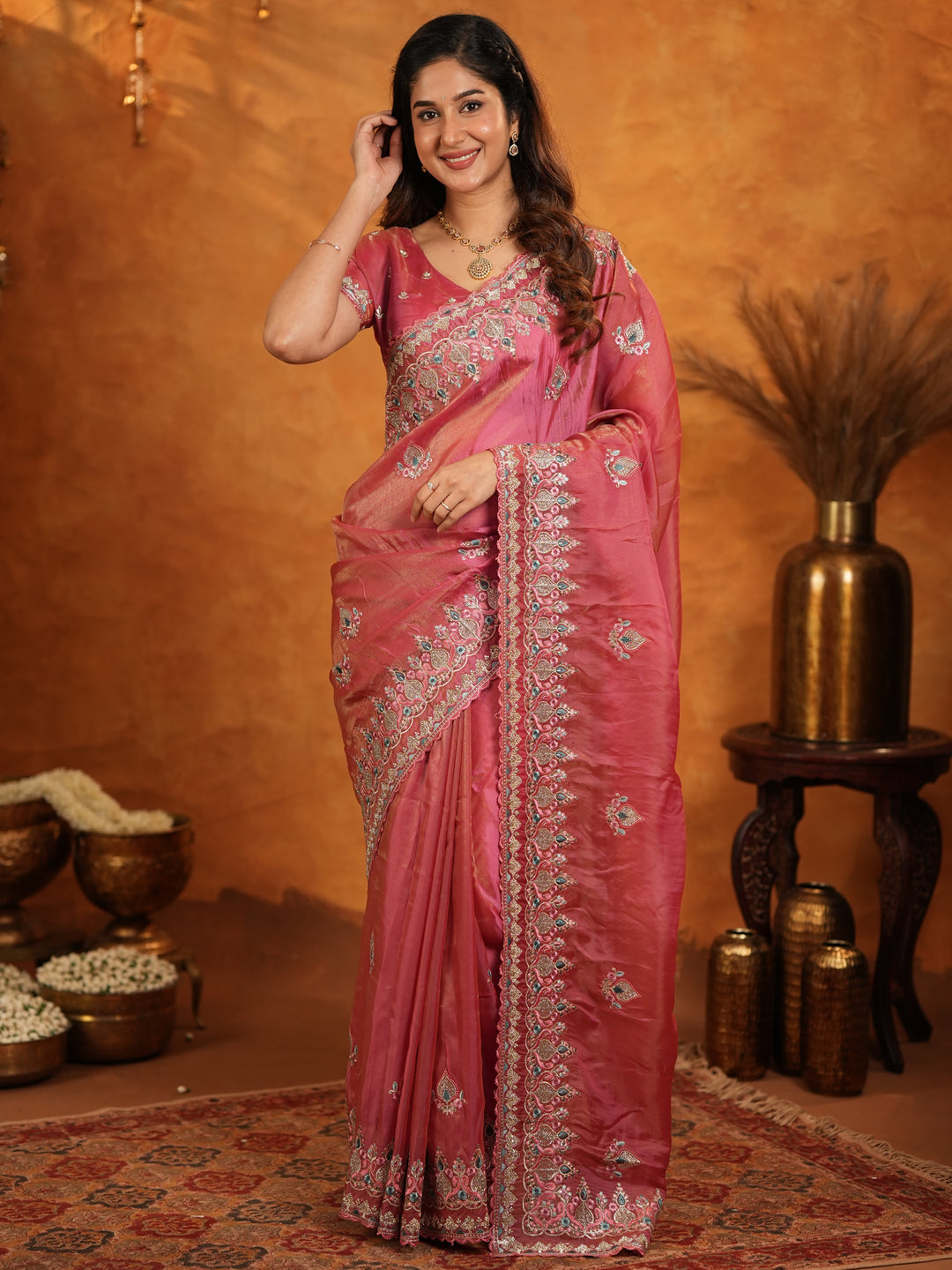 Dusty Rose Pink Fendy Satin Embroidered Saree with Heavy Floral Border & Designer Pallu | Elegant Festive Wear Saree with Embroidered Blouse