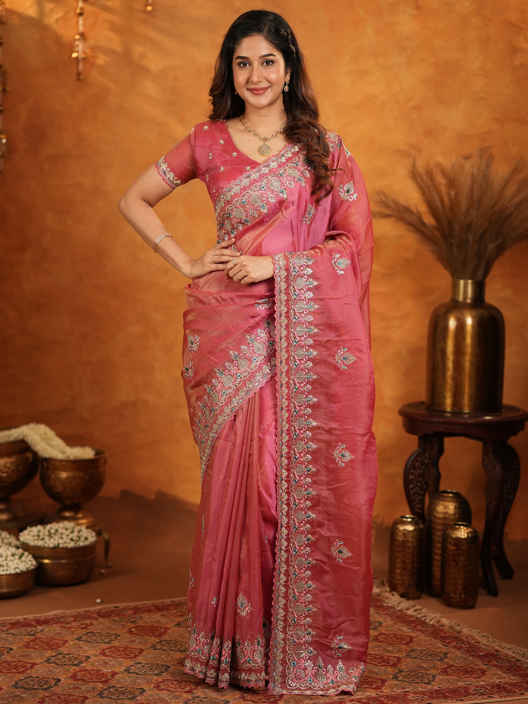 Dusty Rose Pink Fendy Satin Embroidered Saree with Heavy Floral Border & Designer Pallu | Elegant Festive Wear Saree with Embroidered Blouse