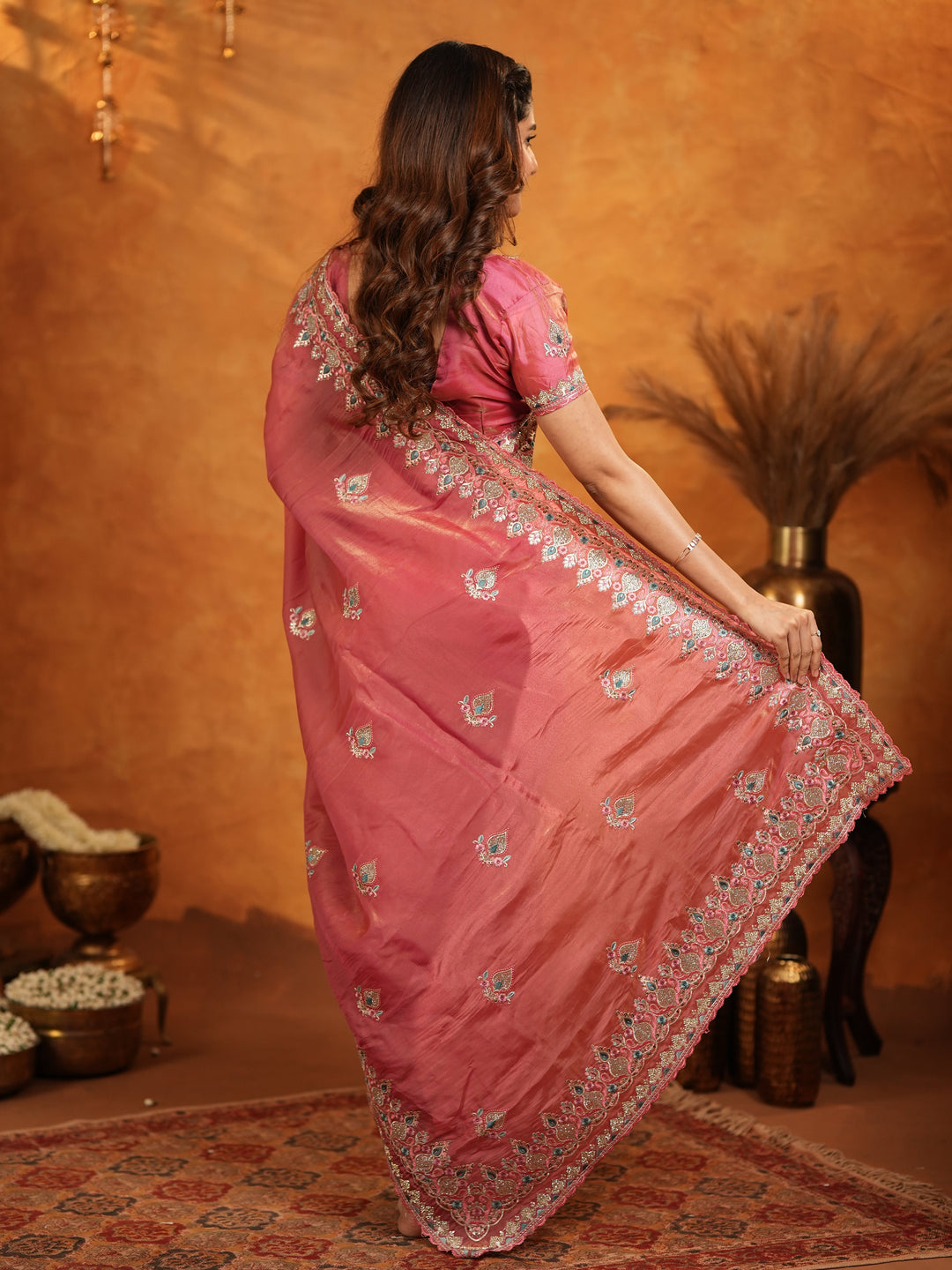 Dusty Rose Pink Fendy Satin Embroidered Saree with Heavy Floral Border & Designer Pallu | Elegant Festive Wear Saree with Embroidered Blouse