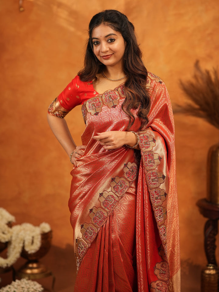 Tomato Red Banarasi Silk Saree with Rich Zari Weaving & Designer Embroidered Border | Elegant Wedding & Festive Wear Saree with Blouse & Tassels