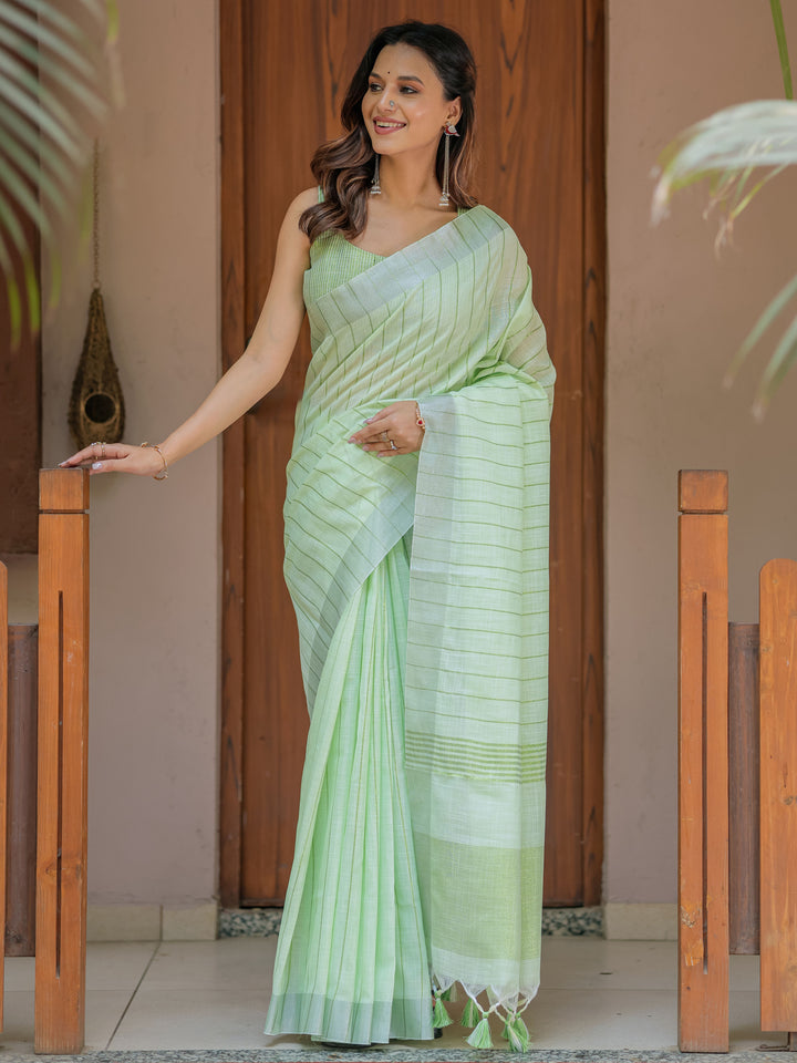 Mint Green Pure Handloom Cotton Saree with Striped Weaving & Tassel Detailing