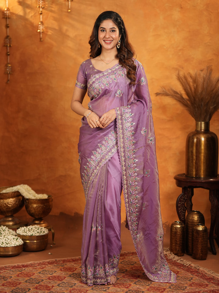 Lavender Purple Fendy Satin Embroidered Saree with Heavy Floral Border & Designer Pallu | Elegant Party Wear Saree with Embroidered Blouse