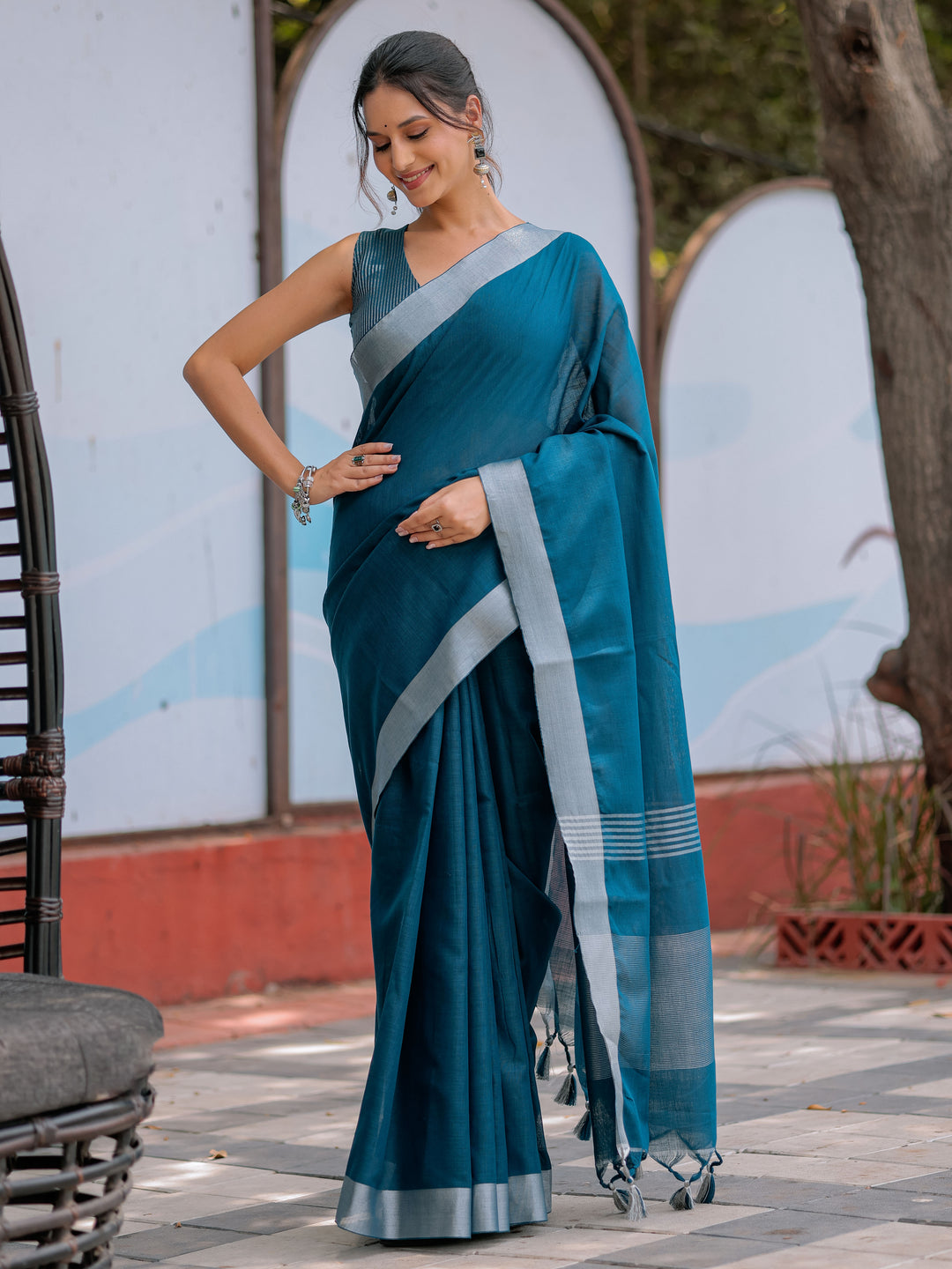 Elegant Teal Blue Pure Handloom Cotton Saree with Silver Border & Tassel Detailing