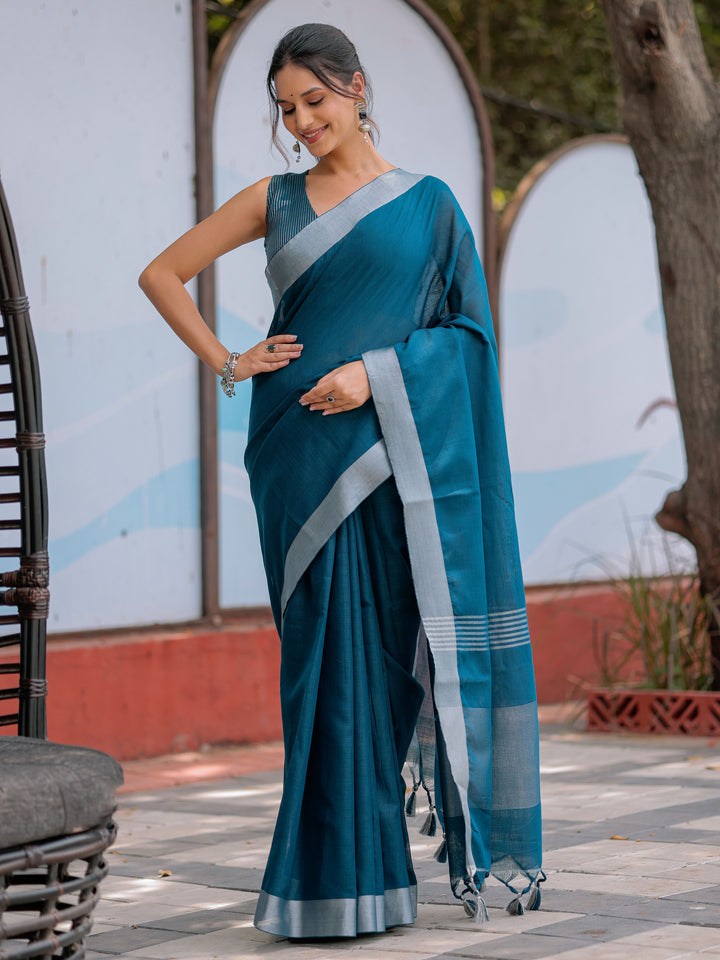 Elegant Teal Blue Pure Handloom Cotton Saree with Silver Border & Tassel Detailing