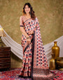 Peach Pink Pure Chinnon Ajrakh Printed Saree with Tassel Edges, Traditional Floral Print & Matching Blouse Piece