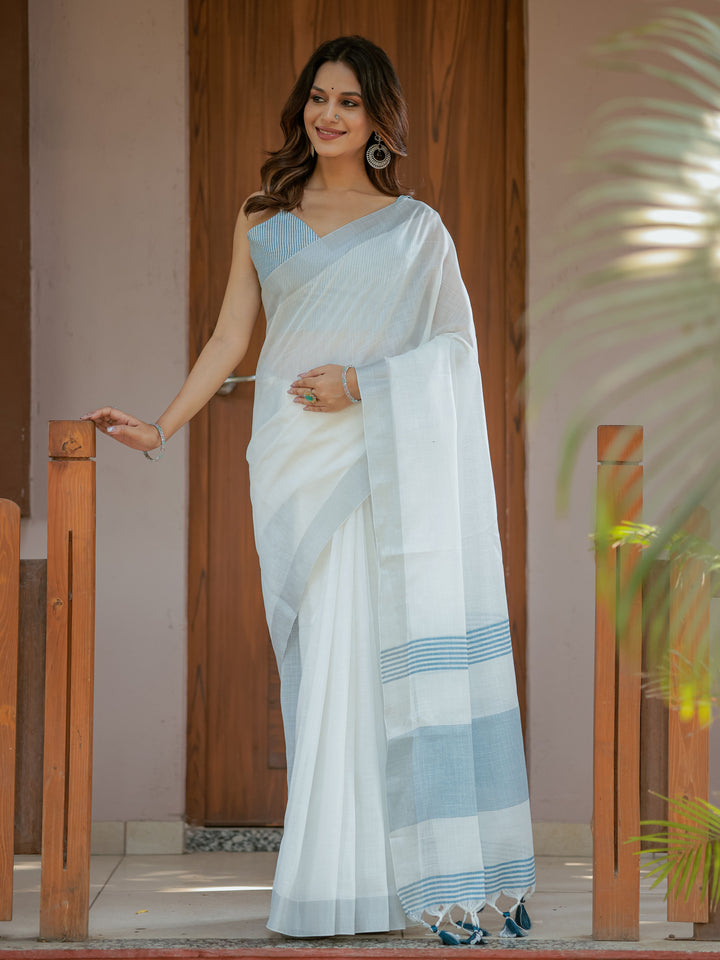 Pure White & Sky Blue Handloom Cotton Saree with Minimal Striped Border & Tassel Detailing
